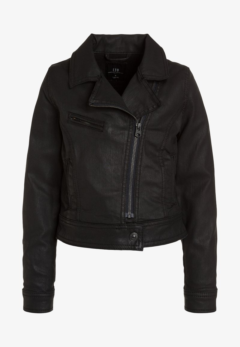 Black faux leather biker jacket with asymmetrical front zipper, collar, zippered chest pocket, side pockets, and a snap-button waistband.