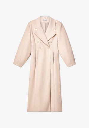 Cappotto beige doppiopetto con ampio revers, maniche oversize e bottoni. Tessuto liscio, design fino al ginocchio e taglio dritto.