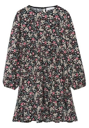 Robe noire à manches longues avec imprimé floral rose et blanc, encolure arrondie, poignets élastiques et jupe évasée.