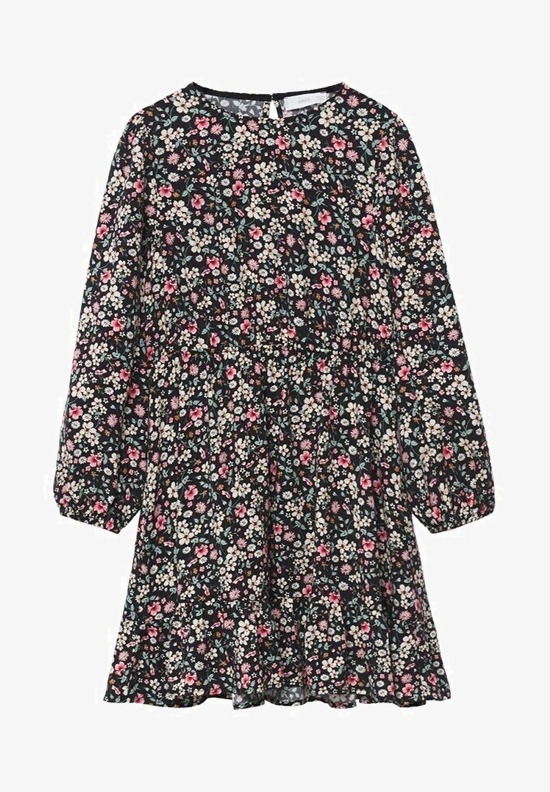 Robe noire à manches longues avec imprimé floral rose et blanc, encolure arrondie, poignets élastiques et jupe évasée.