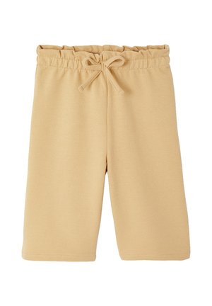 Beige knielange Shorts mit elastischem Bund und gebundenem Kordelzug, aus weichem Stoff.