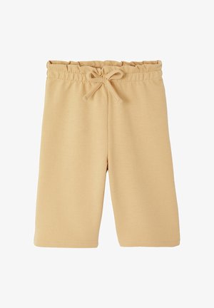 Beige knielange Shorts mit elastischem Bund und gebundenem Kordelzug, aus weichem Stoff.