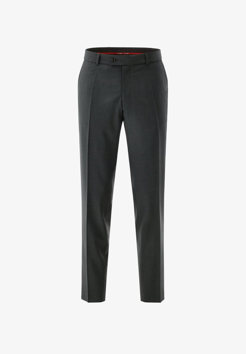 Tailored dark gray trousers made of fine fabric, featuring single pleats, a button closure, and a smooth texture. Accented with a red inner lining.