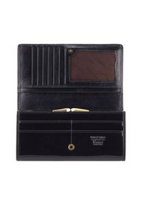 Portafoglio in pelle nera con più scomparti per carte e una finestra trasparente per l'ID, caratterizzato da una texture liscia e dettagli in metallo dorato.