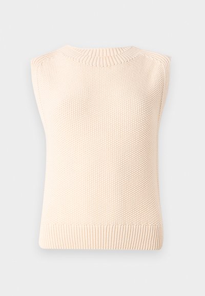 Ärm-lös, ljusbeige stickad tröja med en strukturerad mönster, rund halsringning och ribbad fåll. Minimalistisk design med en mjuk finish.