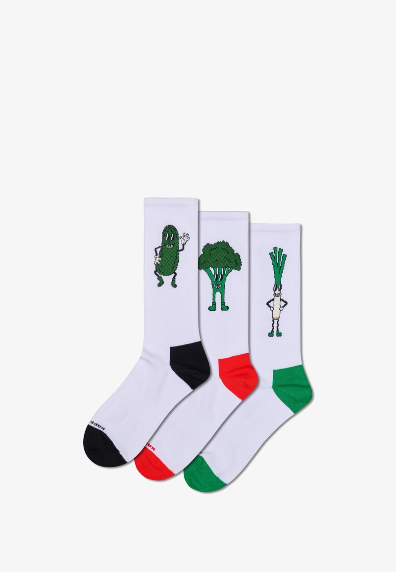 Dreier-Set von Kniestrümpfen. Weißer Stoff mit grünen Gemüsefiguren: Gurke, Brokkoli und Lauch. Schwarze, rote und grüne Akzente an den Bündchen.