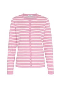 Cardigan rayé rose et blanc avec des manches longues, un col rond et une fermeture à boutons à l'avant. Matériau en tricot doux avec une texture uniforme.