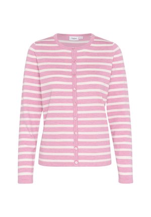 Cardigan rayé rose et blanc avec des manches longues, un col rond et une fermeture à boutons à l'avant. Matériau en tricot doux avec une texture uniforme.