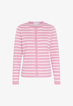 Roze en witte gestreepte cardigan met lange mouwen, ronde halslijn en knoopsluiting aan de voorkant. Zacht gebreid materiaal met een gelijkmatige textuur.