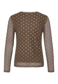 Haut transparent marron à manches longues avec des pois blancs, encolure ronde et silhouette ajustée, vu de dos sur fond blanc.