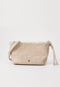 Beige leather shoulder bag with embossed swirling pattern, zip closure, and adjustable strap. Features gold-tone hardware and decorative tassel.