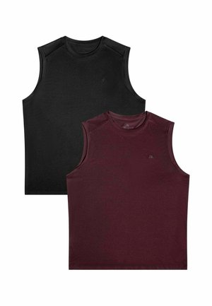 Deux maillots de sport sans manches, un noir et un rouge foncé, avec des encolures rondes et de petits logos sur la poitrine.
