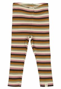Gestreifte Leggings mit horizontalen Streifen in Braun, Pink und Grün. Hergestellt aus geripptem Stoff mit einem elastischen Bund und einem Seitenetikett.