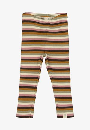 Svītrainas legginses ar horizontālām svītrām brūnā, rozā un zaļā krāsā. Izgatavotas no ribota auduma ar elastīgu jostasvietu un sānu birku.