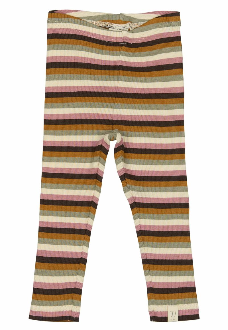 Gestreifte Leggings mit horizontalen Streifen in Braun, Pink und Grün. Hergestellt aus geripptem Stoff mit einem elastischen Bund und einem Seitenetikett.