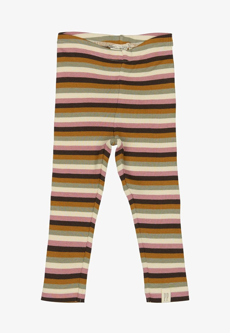 Leggings rayés avec des rayures horizontales marron, rose et vert. Fabriquées en tissu côtelé avec une taille élastique et une étiquette sur le côté.