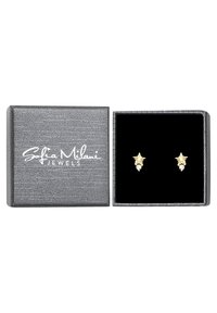 Guldstjärnformade örhängen med en texturerad yta, prydda med en liten klar ädelsten, presenterad i en silvertexturerad box.