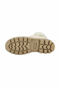 Sole in taupe con un design in gomma testurizzata caratterizzato da profonde scanalature. Include un'area etichettata per la notazione della taglia e della flessibilità.