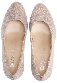 Gabor shoes, beige with a glittery texture, feature a rounded toe and a soft, cushioned insole for comfort. Smooth interior lining.