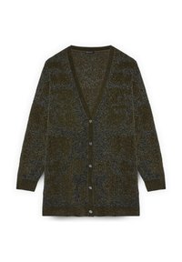 Cardigan verde oliva con scollo a V, maniche lunghe e chiusura con bottoni. Maglia morbida e testurizzata con un motivo sottile e dettagli in filo grigio.