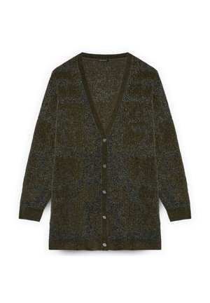 Olivgrüner Cardigan mit V-Ausschnitt, langen Ärmeln und Knopfverschluss. Weiches, strukturiertes Strickmaterial mit einem dezenten Muster und grauen Fadenakzenten.