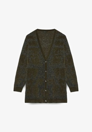 Olivgrüner Cardigan mit V-Ausschnitt, langen Ärmeln und Knopfverschluss. Weiches, strukturiertes Strickmaterial mit einem dezenten Muster und grauen Fadenakzenten.