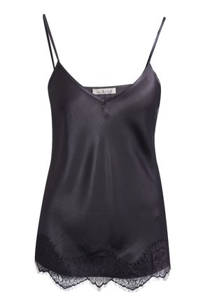 Schwarzes Satin-Camisole mit dünnen Trägern und Spitzenbesatz am unteren Saum.