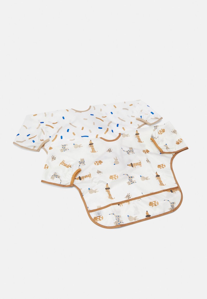 Two children's bibs; one with a multicolored sprinkle pattern, the other with animal illustrations, both in white with brown trim.