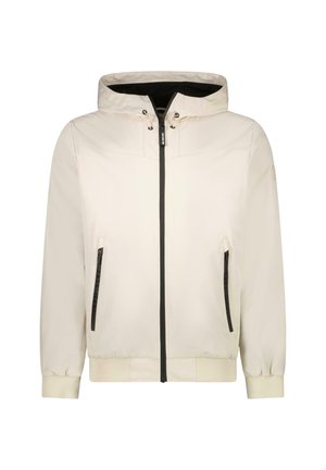 Lichtbeige gewatteerde jas met kap, een rits aan de voorkant, zwarte accenten, elastische manchetten en twee zijzakken met zwarte ritssluitingen.