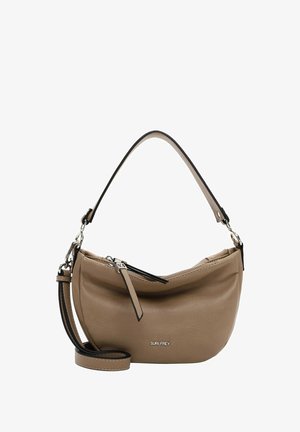 Tan leather handbag with a curved silhouette, black strap, silver zipper, and a subtle logo accent on the front. Smooth texture.