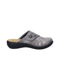 Grå slip-on sko med en struktureret overdel med blomster mønster og en dekorativ knap. Blød indersål og sort gummisål.