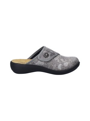 Gray slip-on shoe with a textured upper featuring a floral pattern and a decorative button. Soft insole and black rubber outsole.