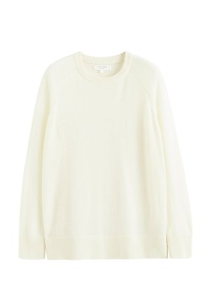 Cream-colored knitted sweater with a round neckline, ribbed hem, and long sleeves. Soft texture and simple, classic design.