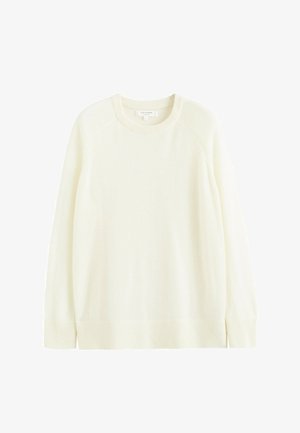 Pull tricoté de couleur crème avec un col rond, un ourlet côtelé et des manches longues. Texture douce et design simple et classique.