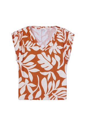 Kortärmelig top in roestkleur met V-hals, voorzien van grote witte bladerenpatronen op een lichtgewicht stof. Eenvoudig ontwerp met een ontspannen pasvorm.