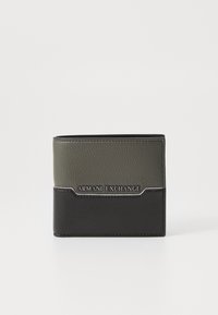 Black and dark green leather wallet with a textured finish, embossed logo, and horizontal dividing line detail. Compact rectangular shape.
