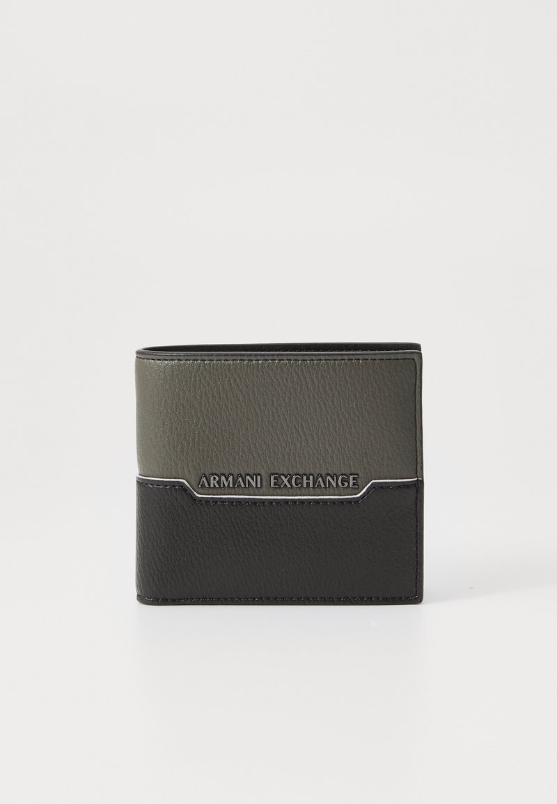 Black and dark green leather wallet with a textured finish, embossed logo, and horizontal dividing line detail. Compact rectangular shape.