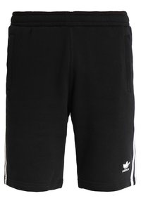 Černé bavlněné šortky se stahovací šňůrkou v pase, bočními kapsami a bílými vertikálními pruhy po stranách. Na dolní části nohavice je umístěno logo Adidas.