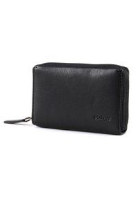 Portefeuille en cuir noir avec fermeture éclair, de forme rectangulaire, texture lisse et nom de la marque embossé à l'avant.