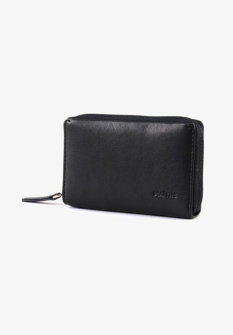 Črn usnjen denarnica z zadrgo, pravokotne oblike, gladke teksture in z embosiranim imenom blagovne znamke spredaj.