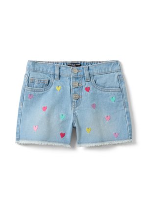 Hellblaue Jeansshorts mit drei vorderen Knöpfen und mehrfarbigen herzförmigen Patches vorne bestickt.