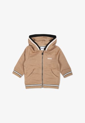 Felpa con zip beige con accenti a righe nere e bianche, due tasche frontali e cappuccio. Presenta il logo "BOSS" sul petto.