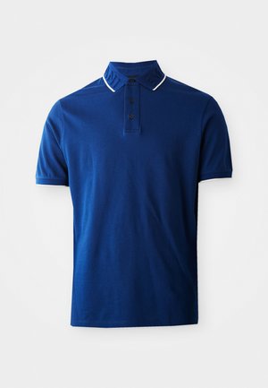 Men’s blue short-sleeve polo shirt with three dark buttons and a collar featuring subtle embossed text and white trim.