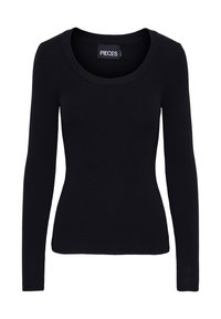 Black ribbed long-sleeve top with a round neckline. Soft texture and fitted shape. Brand label visible on the inside neckline.