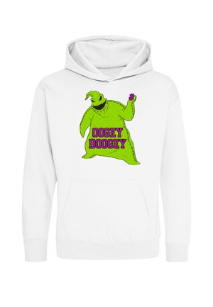 Witte hoodie met een groen spookfiguurtje die een kleine paarse dobbelsteen vasthoudt en de tekst "Oogey Boogey" in paars op het voorste midden.