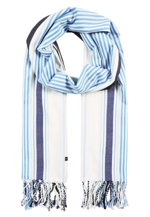 Blue and white striped scarf with varying stripe widths and fringed ends, arranged in a loose loop on a white background.