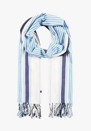 Écharpe rayée bleu et blanc avec des largeurs de rayures variées et des extrémités à franges, disposée en boucle lâche sur un fond blanc.