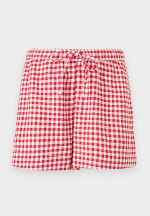 Rote und weiße Gingham-Shorts mit einem elastischen Bund und Kordelzug. Sie haben eine lockere Passform und gesäumte Kanten. Der Stoff wirkt leicht.