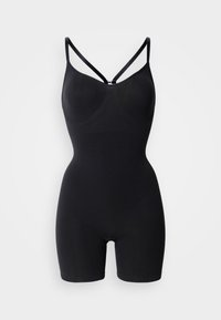 Μαύρο ολόσωμο κορμάκι με εφαρμοστή σχεδίαση, ρυθμιζόμενες λεπτές τιράντες και απαλή υφή χωρίς ραφές, που τελειώνει πάνω από το μηρό.