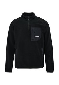 Sort fleece pullover med halv-lynlås foran, en brystlomme og sidelommer. Har en glat overflade og logo-detalje på lommen.